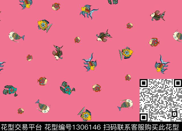 guan381 二方连续.jpg - 1306146 - 动漫 热带花型 鱼 - 数码印花花型 － 女装花型设计 － 瓦栏
