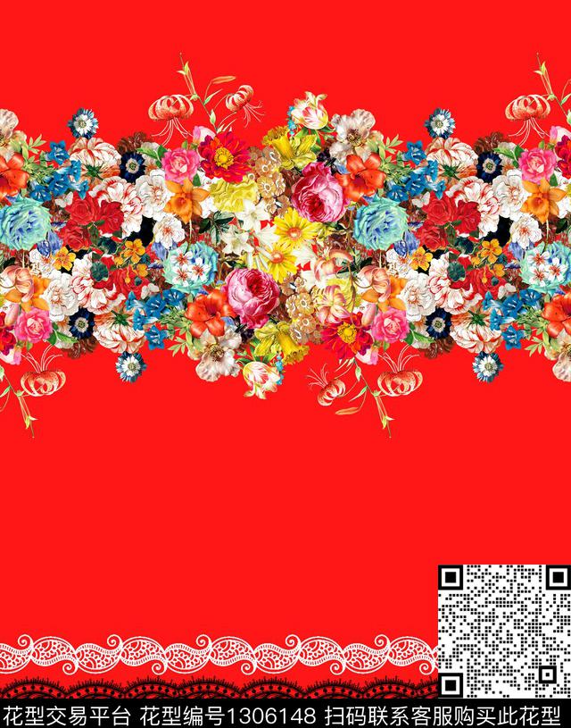 guan383 二方连续.jpg - 1306148 - 花卉 花边 大红底 - 数码印花花型 － 女装花型设计 － 瓦栏