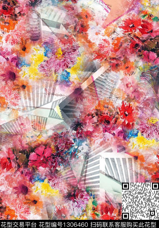 线条抽象花卉几何数码印花花型下载（图片编号: 1306460） - 瓦栏（Walan）
