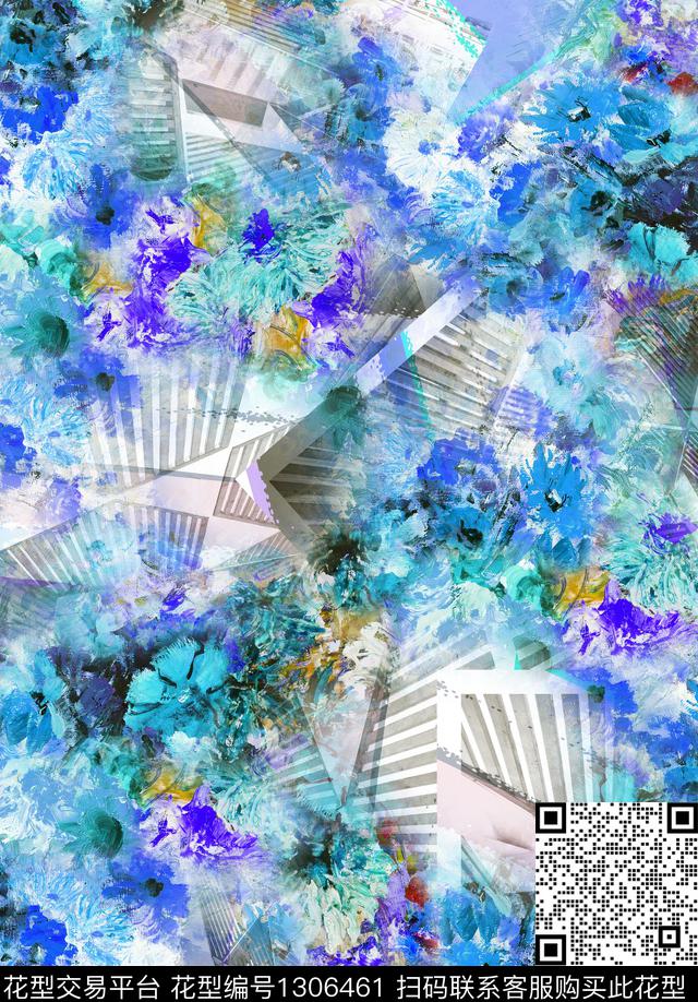 线条抽象花卉几何数码印花花型下载（图片编号: 1306461） - 瓦栏（Walan）