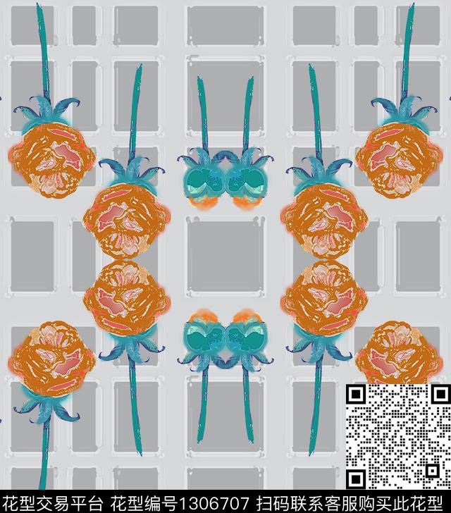 6338.jpg - 1306707 - 格子 花卉 混合拼接 - 数码印花花型 － 床品花型设计 － 瓦栏