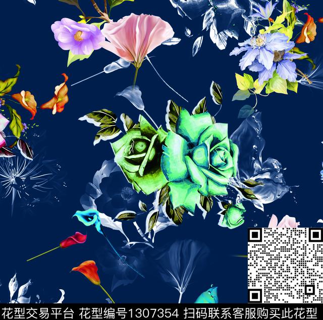 设计-04 -03瓦蓝.jpg - 1307354 - 数码花型 泳装花型 花卉 - 数码印花花型 － 女装花型设计 － 瓦栏