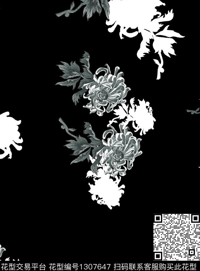 菊花黑底.jpg - 1307647 - 数码花型 黑底花卉 菊花 - 数码印花花型 － 女装花型设计 － 瓦栏