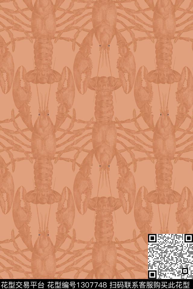 B-C24龙虾.jpg - 1307748 - 原创手绘 素雅简约 水生动物 - 数码印花花型 － 女装花型设计 － 瓦栏
