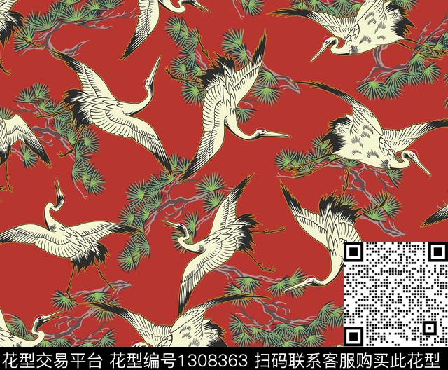 cranes_2.jpg - 1308363 - 绿植树叶 仙鹤 日本 - 传统印花花型 － 女装花型设计 － 瓦栏