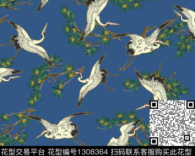 cranes.jpg - 1308364 - 绿植树叶 仙鹤 日本 - 传统印花花型 － 女装花型设计 － 瓦栏