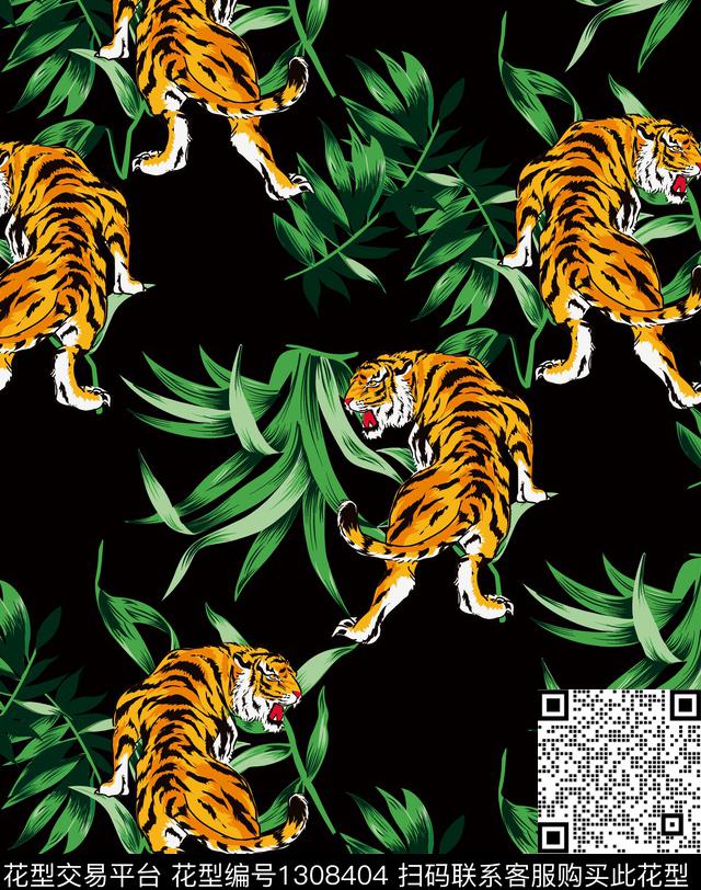 热带老虎.jpg - 1308404 - 动物 老虎 植物 - 数码印花花型 － 男装花型设计 － 瓦栏