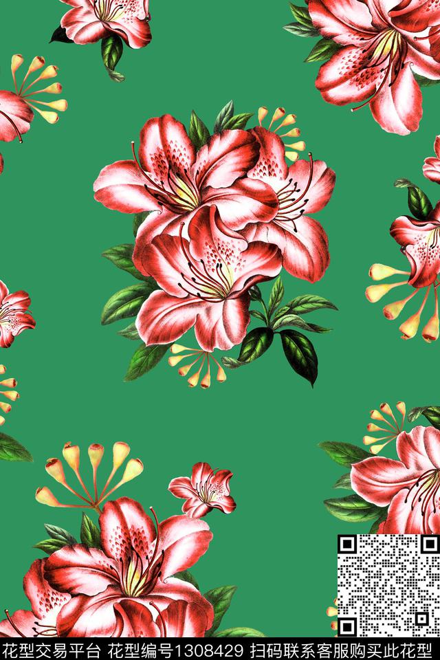 花卉大牌风水彩花卉数码印花花型下载（图片编号: 1308429） - 瓦栏（Walan）