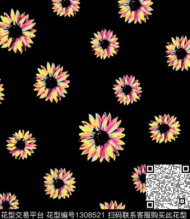 太阳花黑底.jpg - 1308521 - 数码花型 黄花 黑底花卉 - 传统印花花型 － 女装花型设计 － 瓦栏