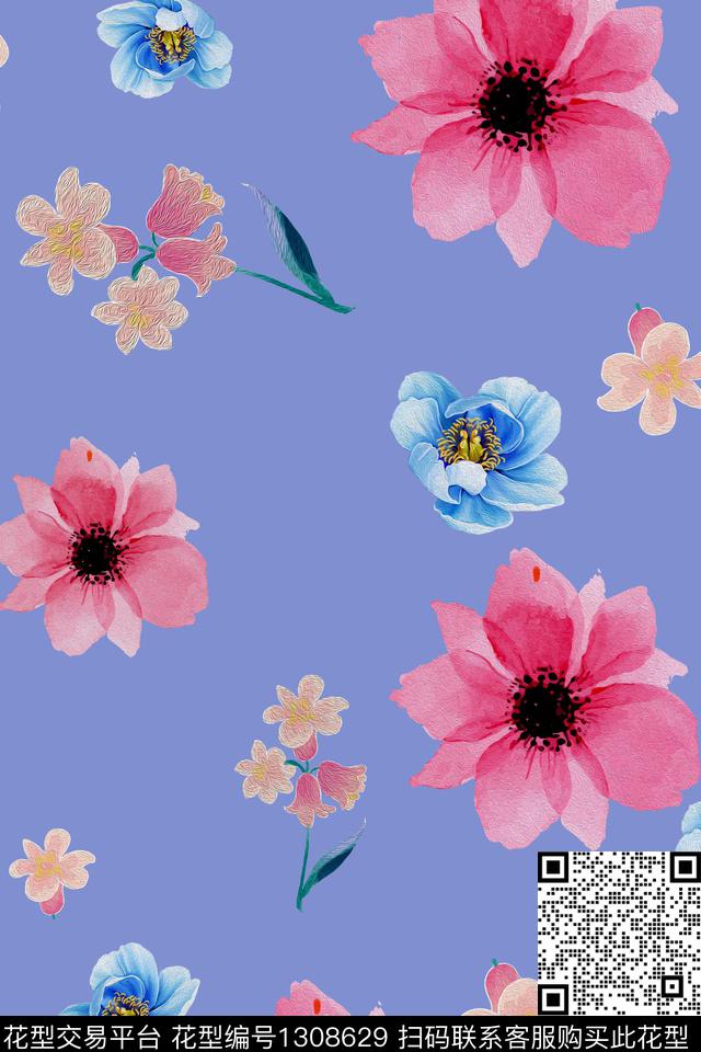 紫色.jpg - 1308629 - 温室花卉 满版散花 牡丹 - 数码印花花型 － 床品花型设计 － 瓦栏