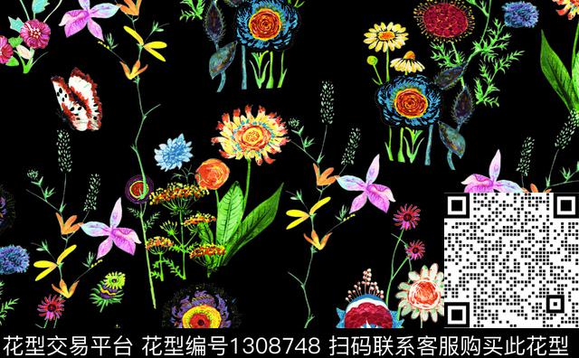 野花合集.jpg - 1308748 - 数码花型 黑底花卉 菊花 - 数码印花花型 － 女装花型设计 － 瓦栏