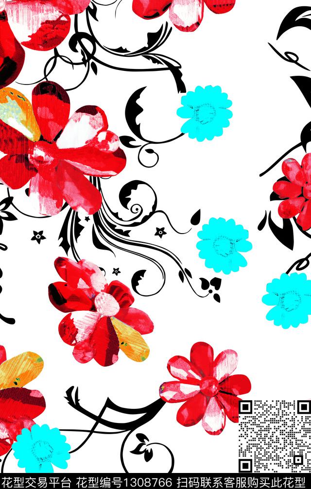 钻花红色.jpg - 1308766 - 数码花型 手绘花卉 卡通花 - 数码印花花型 － 女装花型设计 － 瓦栏