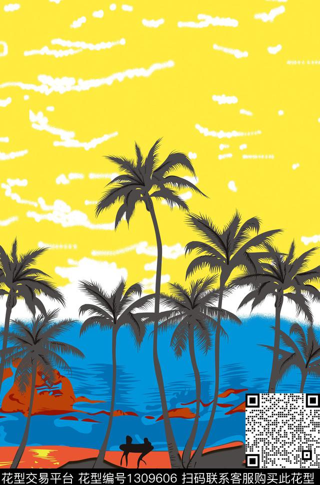 落日海边沙滩椰树.jpg - 1309606 - 沙滩 春夏花型 热带花型 - 数码印花花型 － 男装花型设计 － 瓦栏