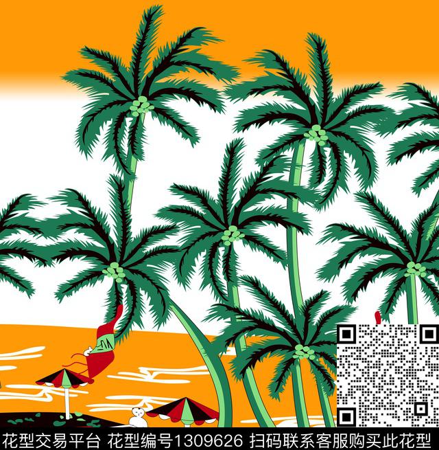 海边椰树沙滩.jpg - 1309626 - 椰子树 沙滩 风景定位 - 数码印花花型 － 男装花型设计 － 瓦栏