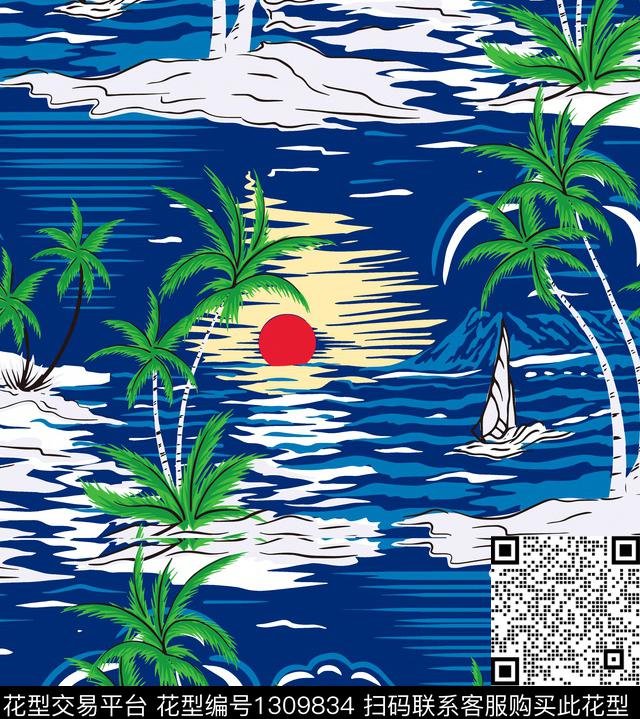 椰子树春夏花型海浪数码印花花型下载（图片编号: 1309834） - 瓦栏（Walan）
