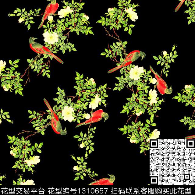 20200330-1.jpg - 1310657 - 黑底花卉 纸印花 花鸟 - 数码印花花型 － 女装花型设计 － 瓦栏