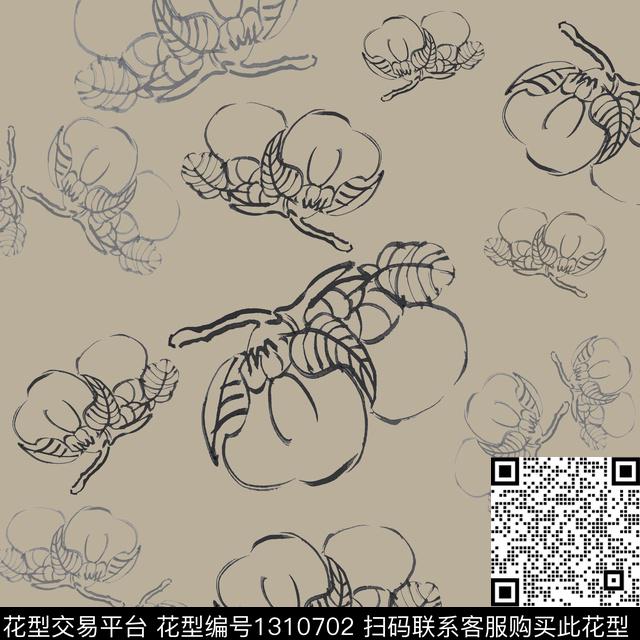 手绘线条笔触男装休闲花卉柿子传统印花花型下载（图片编号: 1310702） - 瓦栏（Walan）