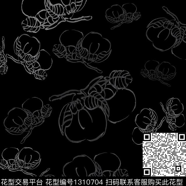 手绘线条笔触男装休闲花卉柿子传统印花花型下载（图片编号: 1310704） - 瓦栏（Walan）