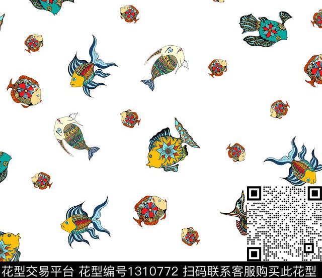 guan436.jpg - 1310772 - 炫彩 鱼 白底花 - 数码印花花型 － 女装花型设计 － 瓦栏