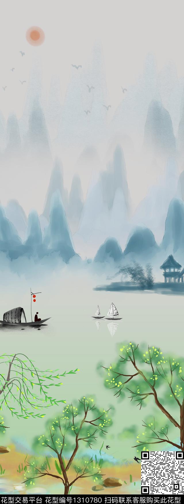 定位花中国风国画数码印花花型下载（图片编号: 1310780） - 瓦栏（Walan）