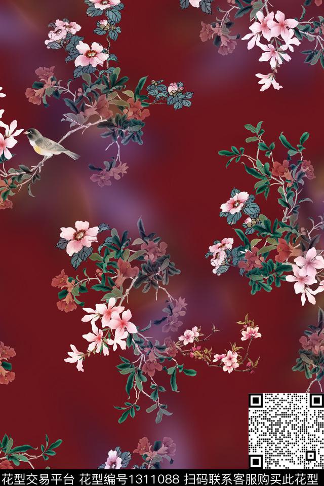 200321-1.jpg - 1311088 - 鸟 旗袍 国画 - 数码印花花型 － 女装花型设计 － 瓦栏