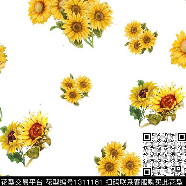 向日葵改.jpg - 1311161 - 白底花 向日葵 鲜花 - 数码印花花型 － 墙纸花型设计 － 瓦栏