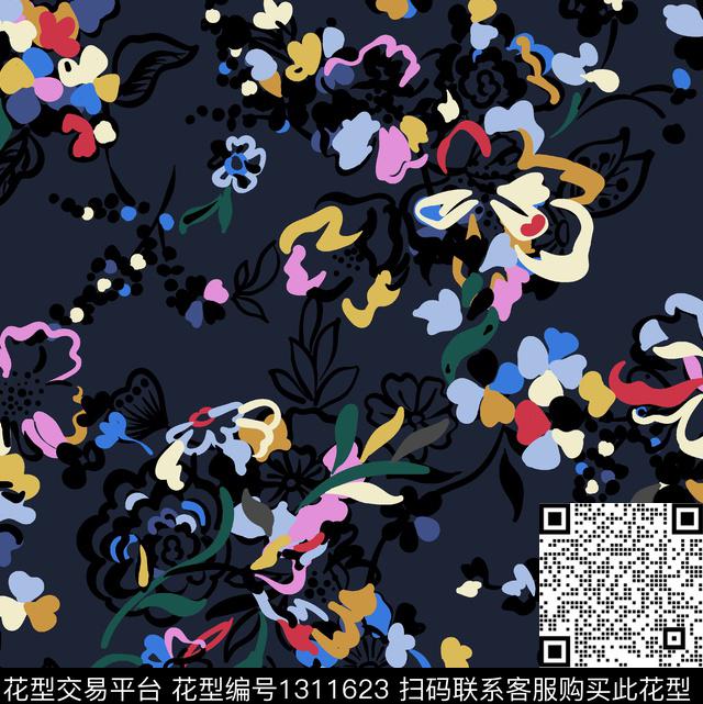 涂鸦小碎花线描花卉数码印花花型下载（图片编号: 1311623） - 瓦栏（Walan）