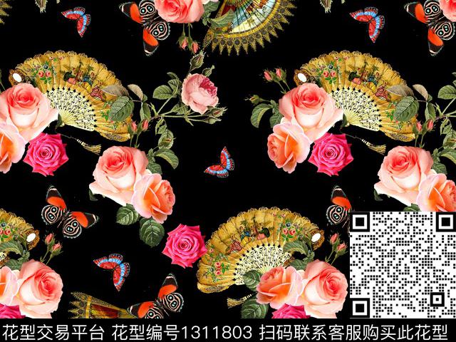 guan437.jpg - 1311803 - 扇子 蝴蝶 玫瑰花 - 数码印花花型 － 女装花型设计 － 瓦栏