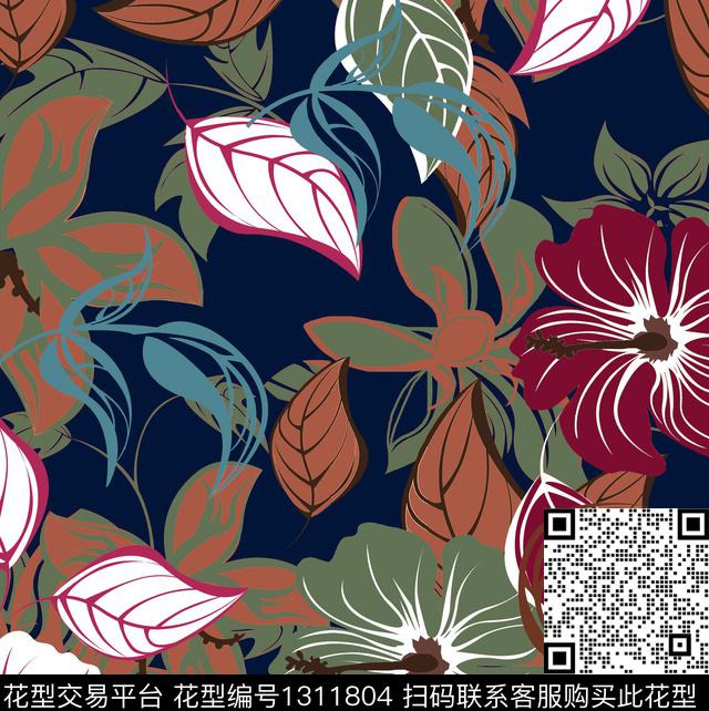 guan438.jpg - 1311804 - 花卉 抽象 老蓝底 - 传统印花花型 － 女装花型设计 － 瓦栏