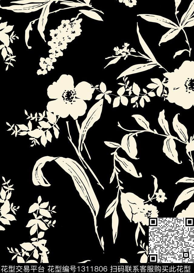 guan440.jpg - 1311806 - 花卉 黑底花卉 绿植树叶 - 传统印花花型 － 女装花型设计 － 瓦栏