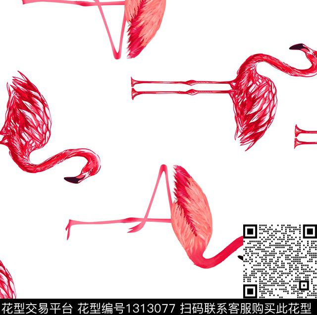 guan443.jpg - 1313077 - 火烈鸟 热带花型 白底花 - 数码印花花型 － 女装花型设计 － 瓦栏