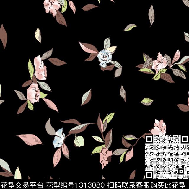 guan446.jpg - 1313080 - 抽象 绿植树叶 黑底花卉 - 数码印花花型 － 女装花型设计 － 瓦栏