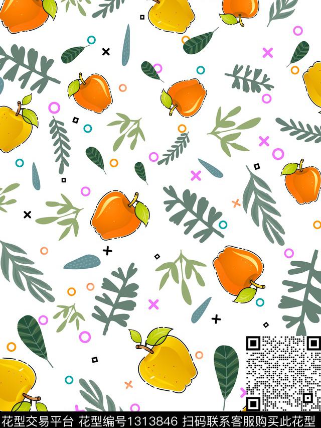 果果.jpg - 1313846 - 水果 植物 绿植树叶 - 传统印花花型 － 床品花型设计 － 瓦栏