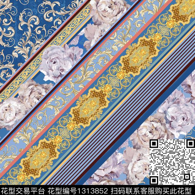 丝巾定位花花卉大牌风数码印花花型下载（图片编号: 1313852） - 瓦栏（Walan）