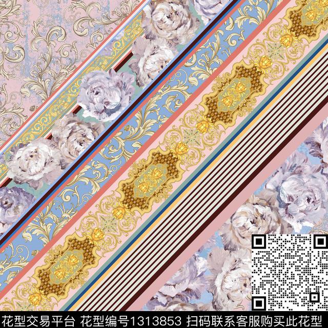 丝巾定位花大牌风欧式花卉数码印花花型下载（图片编号: 1313853） - 瓦栏（Walan）
