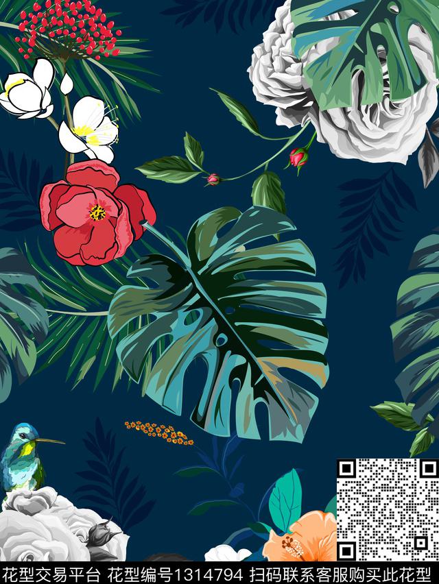 绿植树叶木槿花花卉数码印花花型下载（图片编号: 1314794） - 瓦栏（Walan）