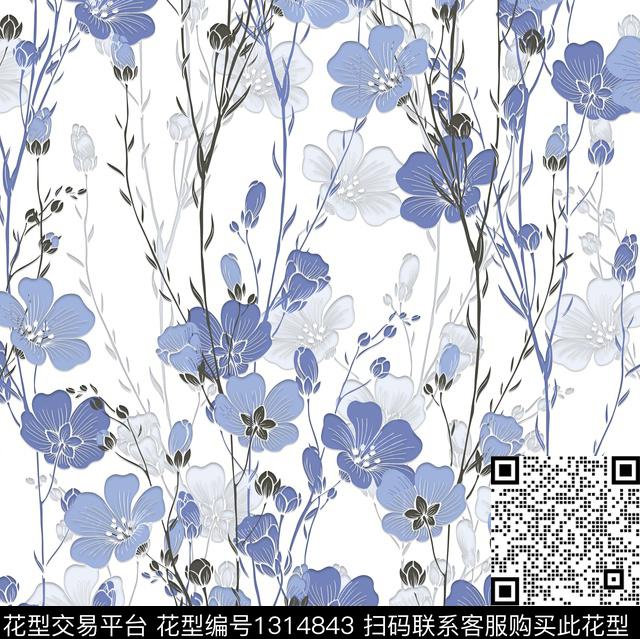 花之蓝.jpg - 1314843 - 花卉 植物 一花两色 - 数码印花花型 － 床品花型设计 － 瓦栏