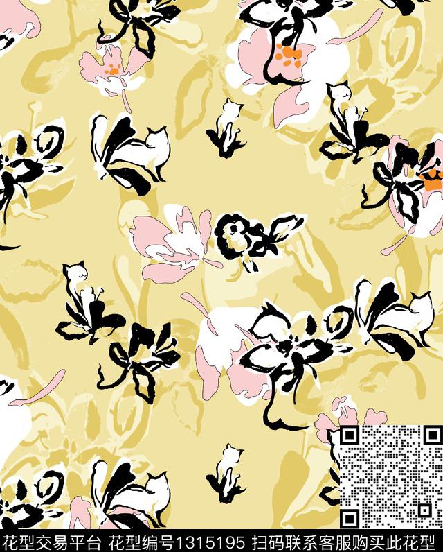 线描花卉炭笔画铅笔画传统印花花型下载（图片编号: 1315195） - 瓦栏（Walan）