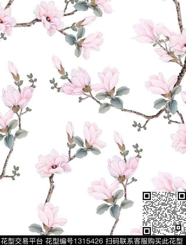 玉兰花文艺清爽底花卉数码印花花型下载（图片编号: 1315426） - 瓦栏（Walan）