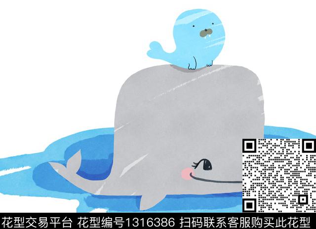 海豹与鲸鱼.jpg - 1316386 - 卡通 鲸鱼 动物插画 - 数码印花花型 － 童装花型设计 － 瓦栏