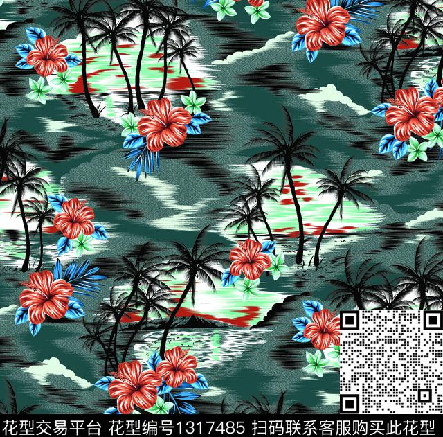 木槿花椰子树热带花型数码印花花型下载（图片编号: 1317485） - 瓦栏（Walan）