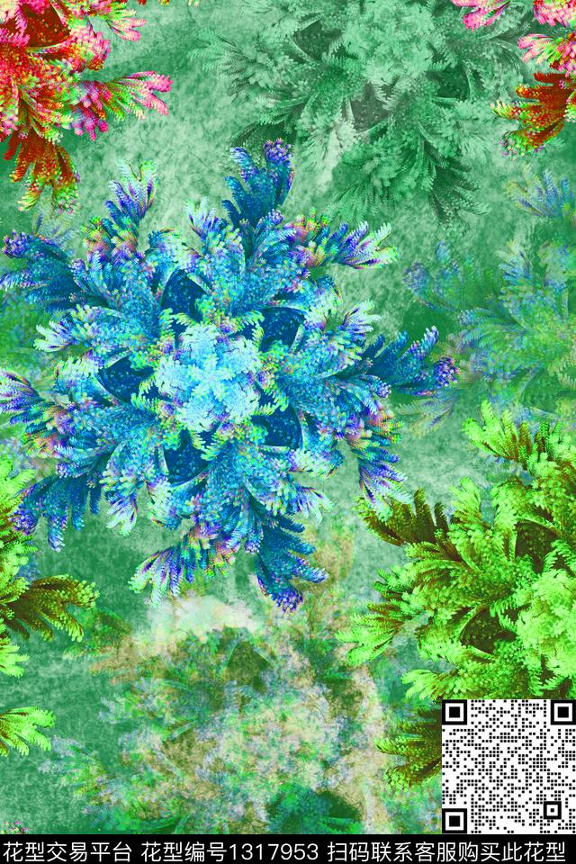 R-2004湖绿.tif - 1317953 - 数码花型 抽象花卉 春夏花型 - 数码印花花型 － 女装花型设计 － 瓦栏