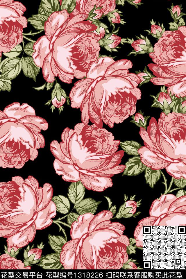 花卉042.jpg - 1318226 - 黑底花卉 花卉 花瓣 - 数码印花花型 － 女装花型设计 － 瓦栏