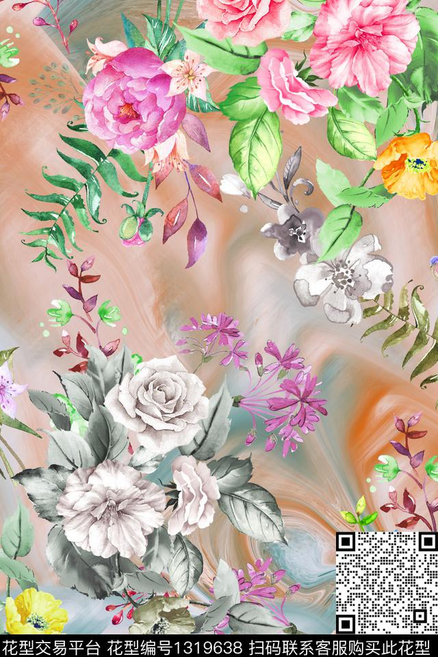 炫彩花卉清爽底花卉数码印花花型下载（图片编号: 1319638） - 瓦栏（Walan）
