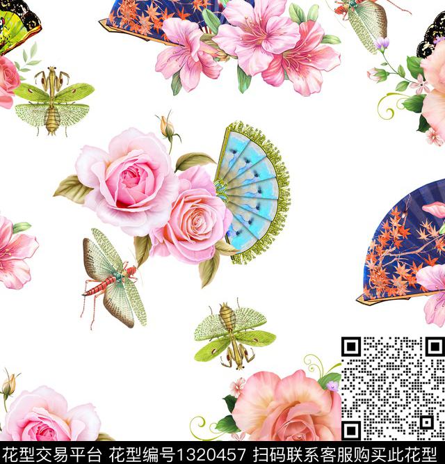 扇子花卉蝴蝶清爽底花卉数码印花花型下载（图片编号: 1320457） - 瓦栏（Walan）