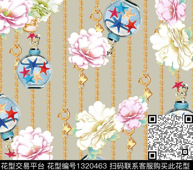 设计012.jpg - 1320463 - 香水瓶 彩底花卉 链条 - 数码印花花型 － 女装花型设计 － 瓦栏