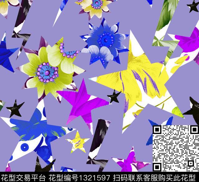 星星.jpg - 1321597 - 几何 几何花卉 星星 - 数码印花花型 － 女装花型设计 － 瓦栏