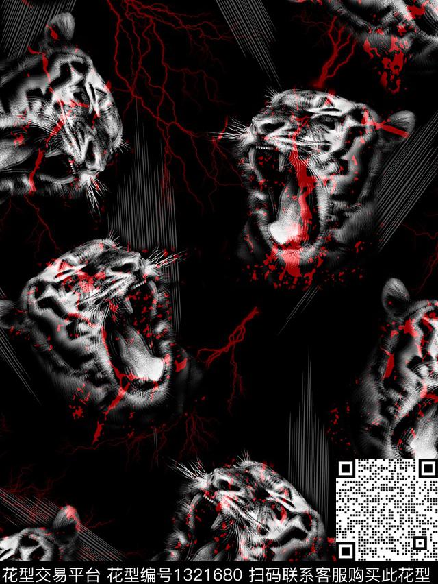 混合老虎.jpg - 1321680 - 动物头 泼墨 黑白花型 - 数码印花花型 － 男装花型设计 － 瓦栏