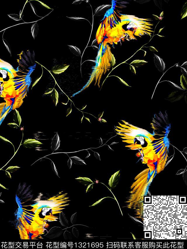 热带鹦鹉男装.jpg - 1321695 - 绿植树叶 鹦鹉 花鸟 - 数码印花花型 － 男装花型设计 － 瓦栏