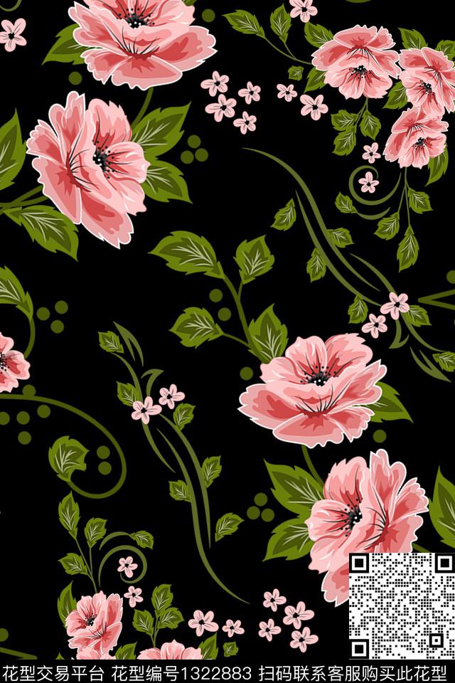 花卉007.jpg - 1322883 - 黑底花卉 花卉 花瓣 - 数码印花花型 － 女装花型设计 － 瓦栏